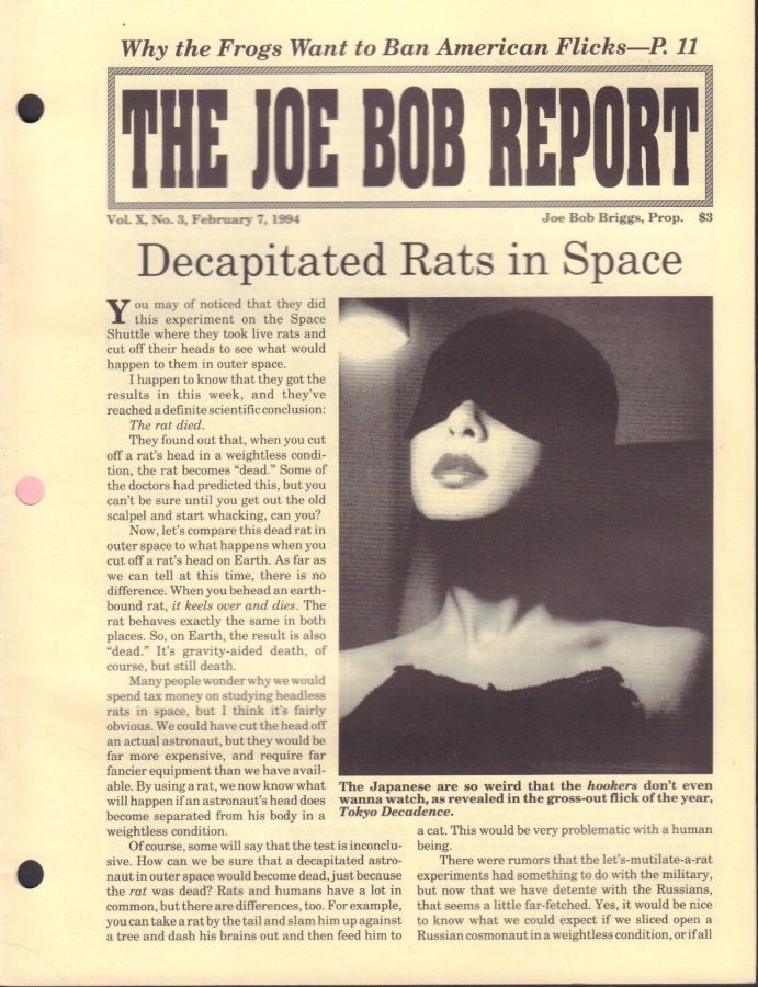 JOE BOB REPORT magazine side cover  Vol 10 No 3 7 February 1994