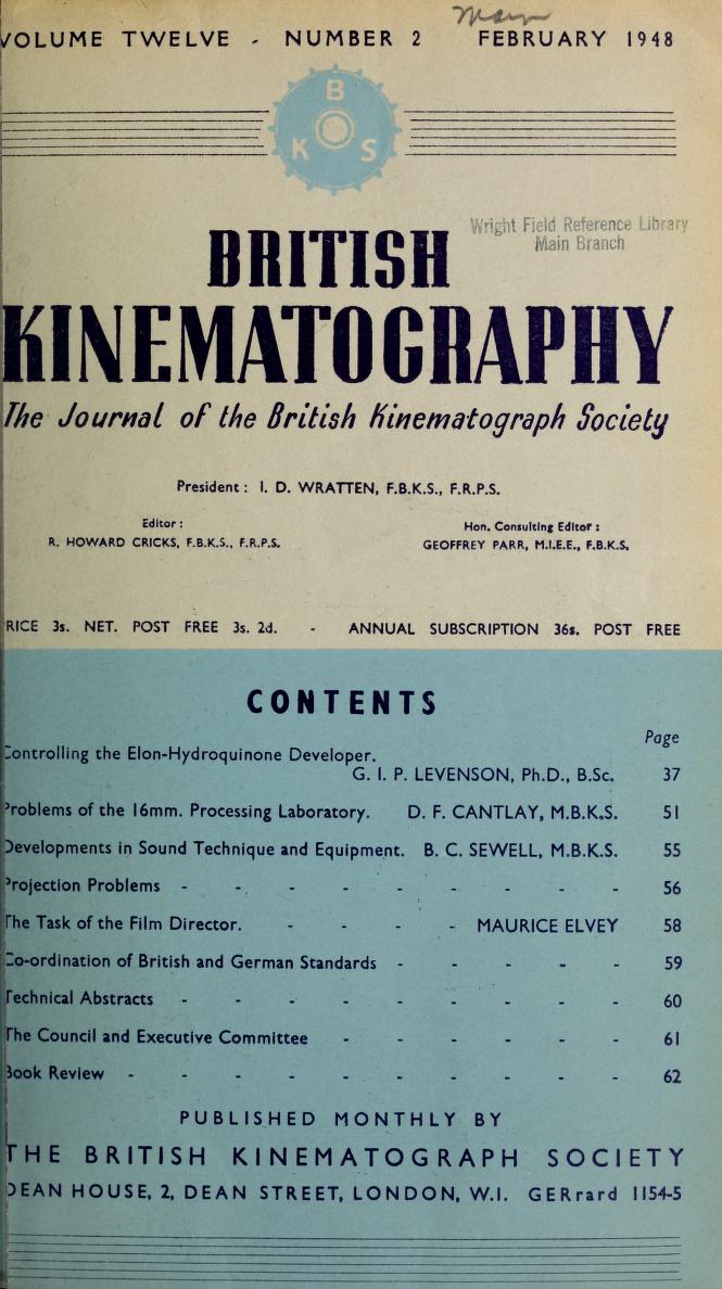 JOURNAL OF THE BRITISH KINEMATOGRAPH SOCIETY magazine side cover February 1948
