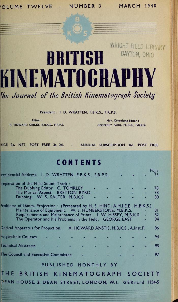 JOURNAL OF THE BRITISH KINEMATOGRAPH SOCIETY magazine side cover March 1948