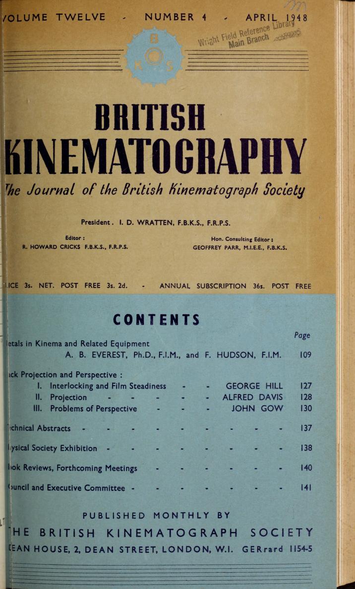 JOURNAL OF THE BRITISH KINEMATOGRAPH SOCIETY magazine side cover April 1948