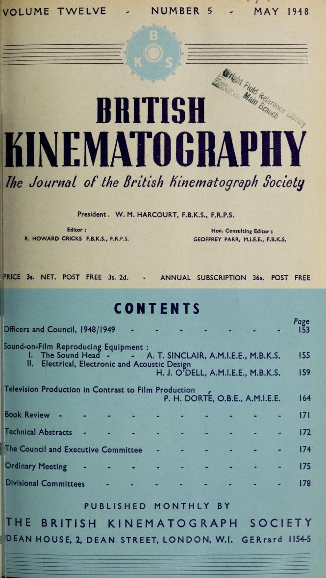 JOURNAL OF THE BRITISH KINEMATOGRAPH SOCIETY magazine side cover May 1948
