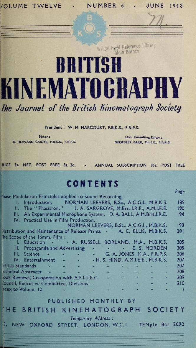 JOURNAL OF THE BRITISH KINEMATOGRAPH SOCIETY magazine side cover June 1948