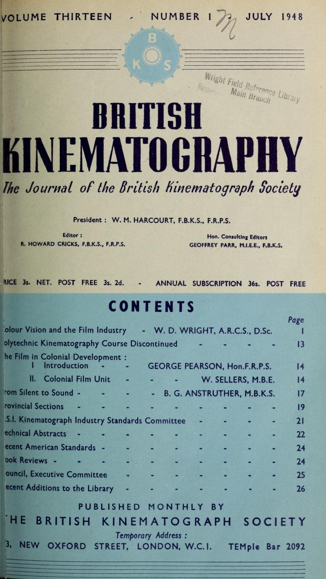JOURNAL OF THE BRITISH KINEMATOGRAPH SOCIETY magazine side cover July 1948