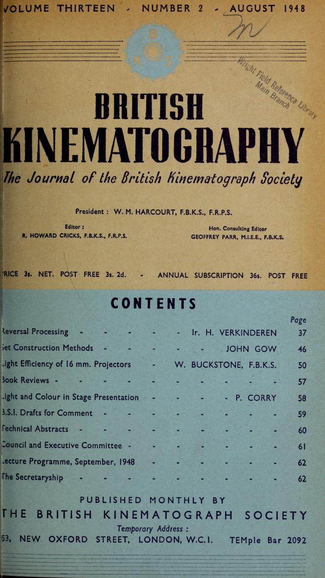 JOURNAL OF THE BRITISH KINEMATOGRAPH SOCIETY magazine side cover August 1948