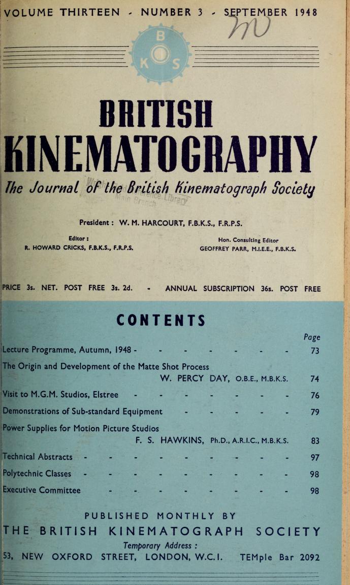 JOURNAL OF THE BRITISH KINEMATOGRAPH SOCIETY magazine side cover September 1948