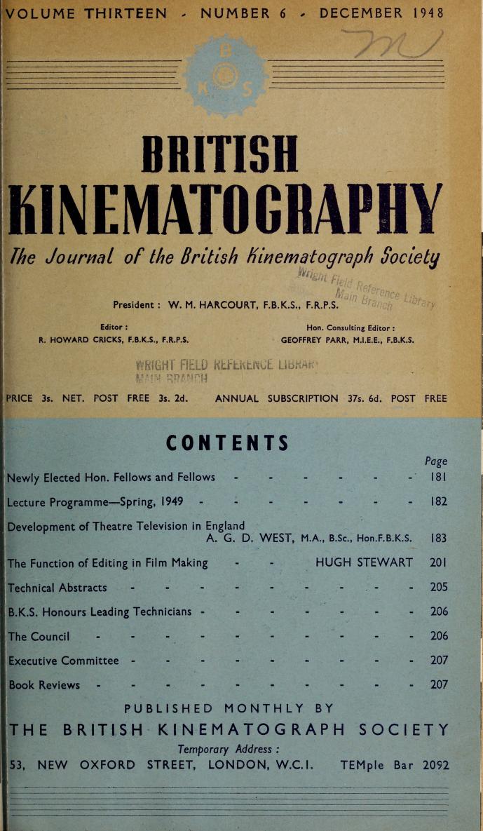 JOURNAL OF THE BRITISH KINEMATOGRAPH SOCIETY magazine side cover December 1948