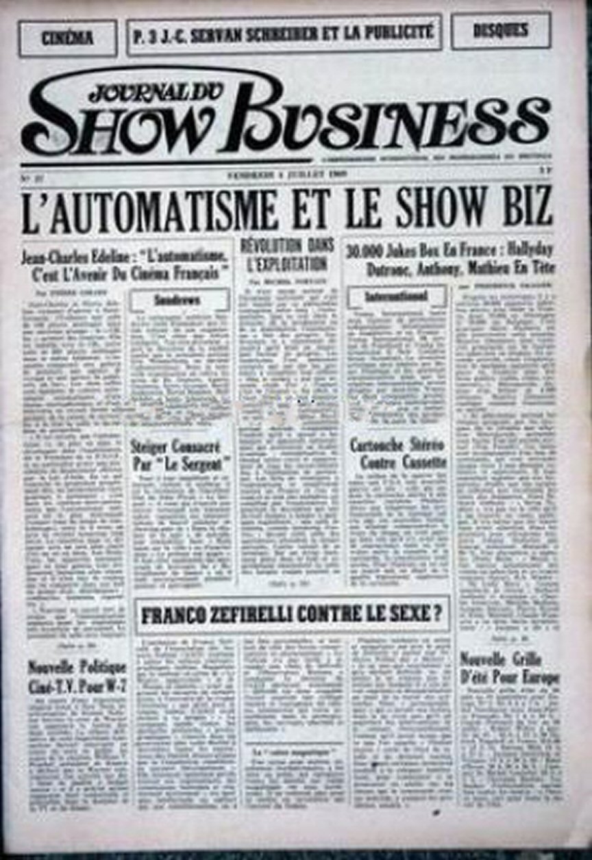 JOURNAL DU SHOW BUSINESS magazine side cover Issue 37 4 July 1969