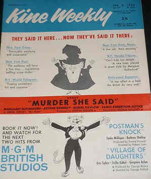 KINE WEEKLY magazine side cover 8 February 1962