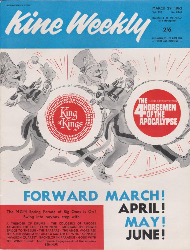 KINE WEEKLY magazine side cover 29 March 1962