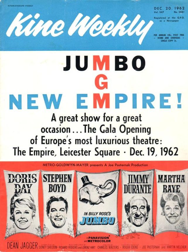 KINE WEEKLY magazine side cover 20 December 1962