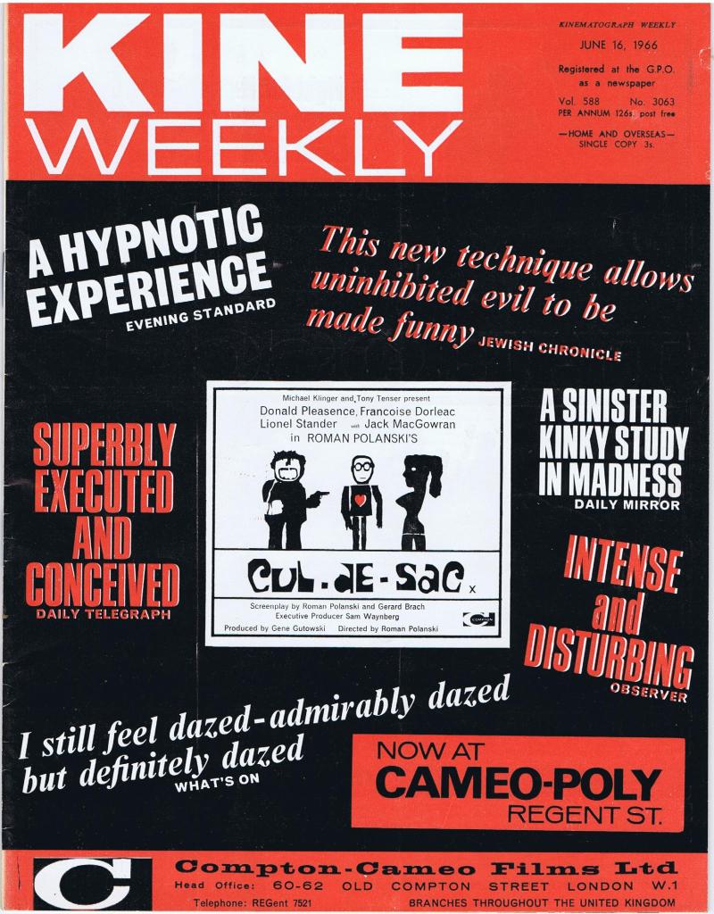 KINE WEEKLY magazine side cover 16 June 1966