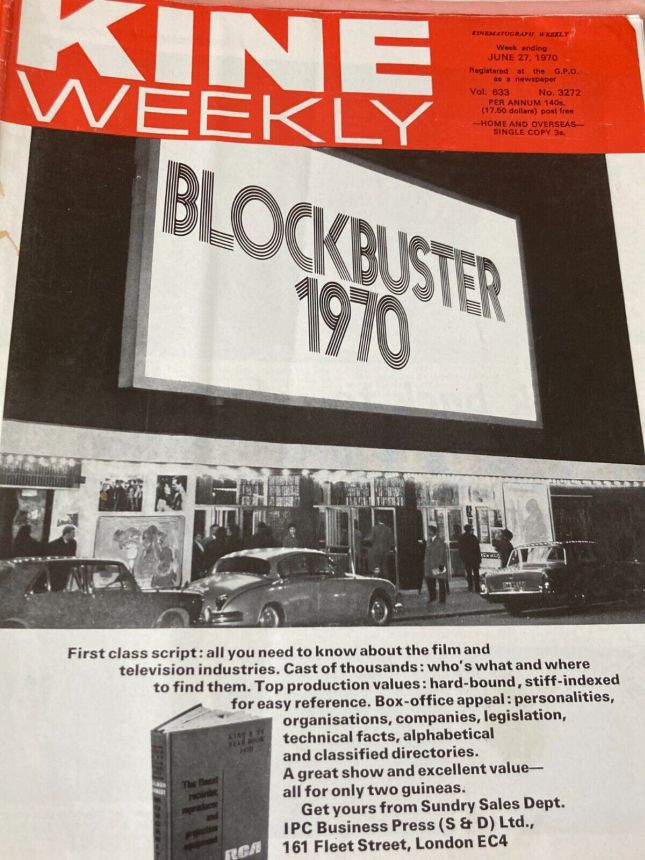 KINE WEEKLY magazine side cover 27 June 1970