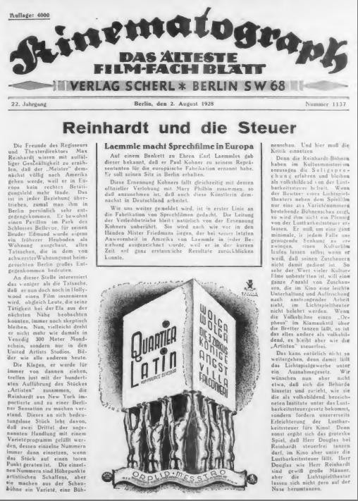 KINEMATOGRAPH | DER magazine cover Issue 1137 2 August 1928