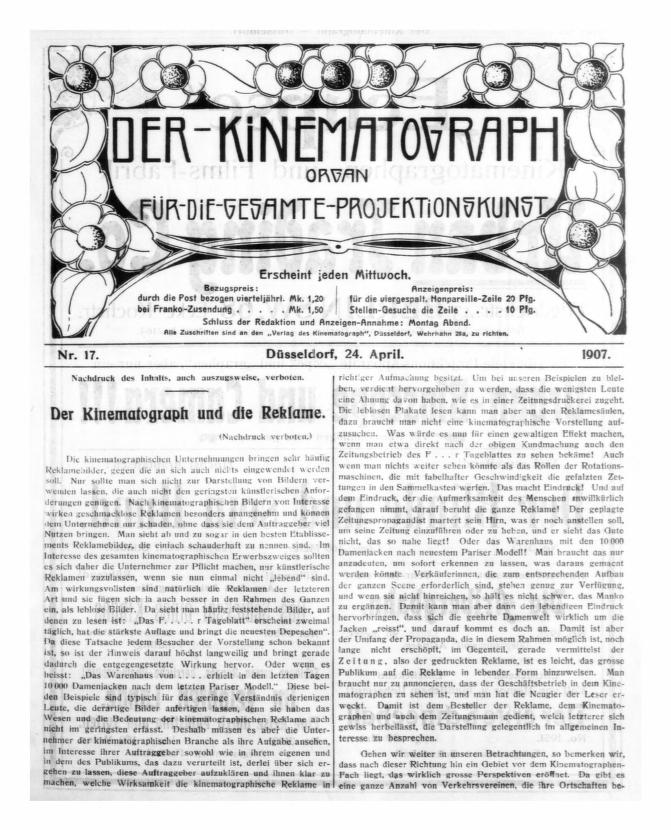 KINEMATOGRAPH | DER magazine side cover Issue 17 24 April 1907