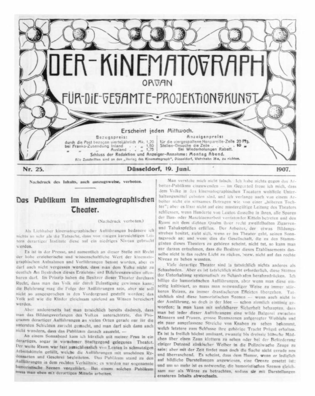 KINEMATOGRAPH | DER magazine side cover Issue 25 19 June 1907