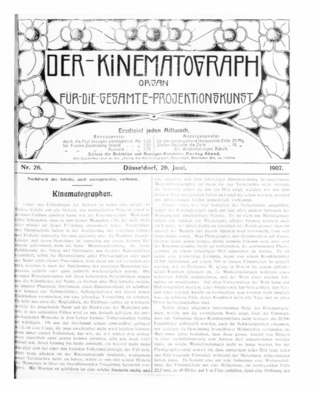 KINEMATOGRAPH | DER magazine side cover Issue 26 26 June 1907