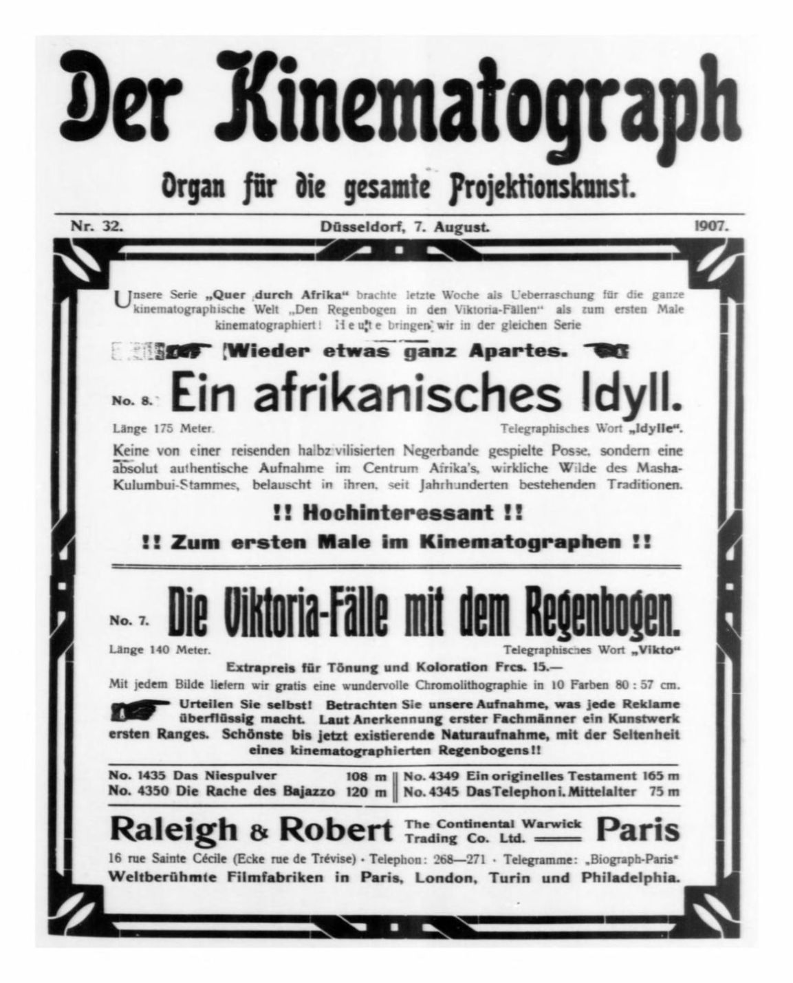 KINEMATOGRAPH | DER magazine side cover Issue 32 7 August 1907