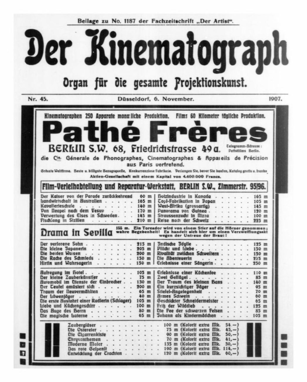 KINEMATOGRAPH | DER magazine side cover Issue 45 6 November 1907