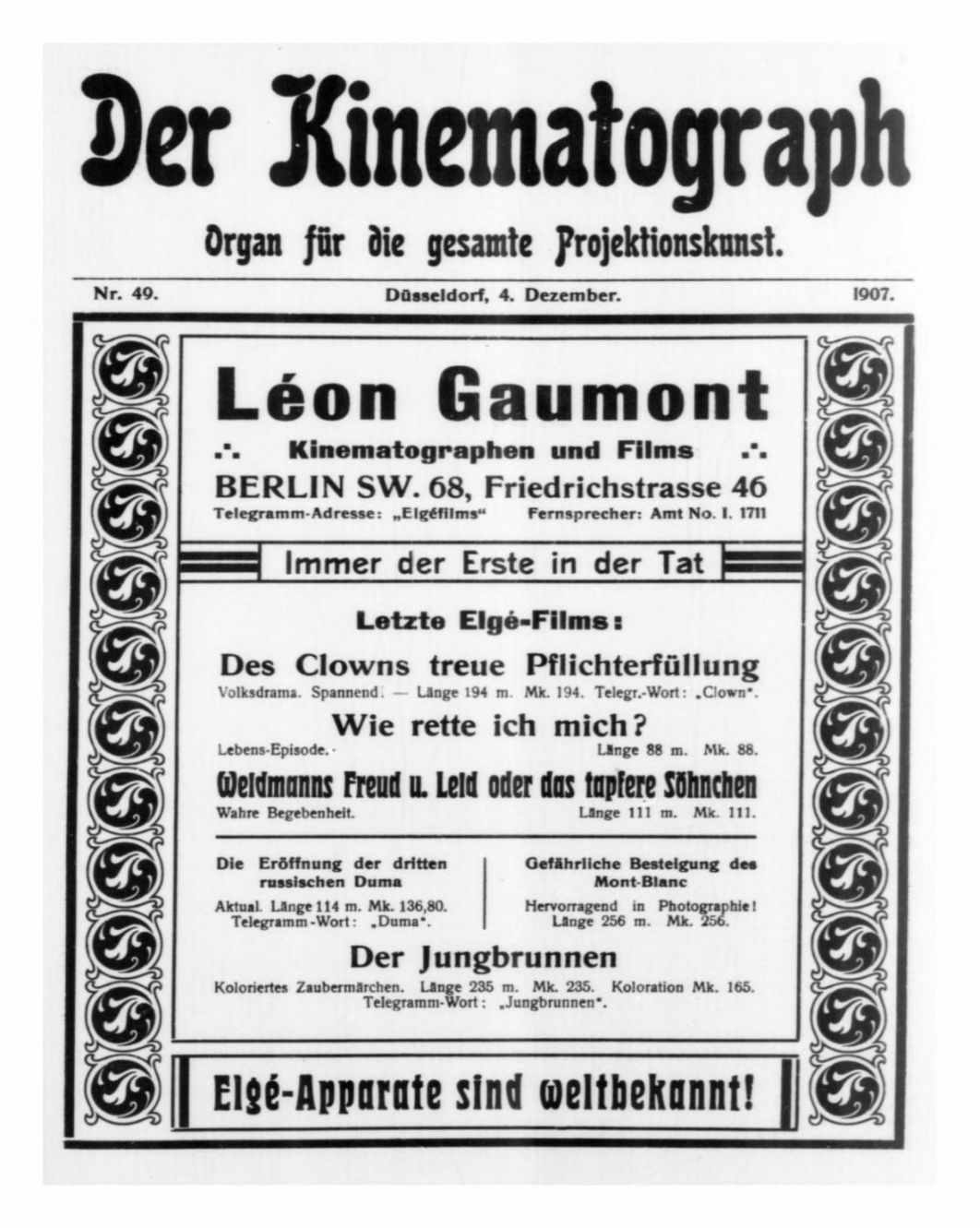 KINEMATOGRAPH | DER magazine side cover Issue 49 4 December 1907
