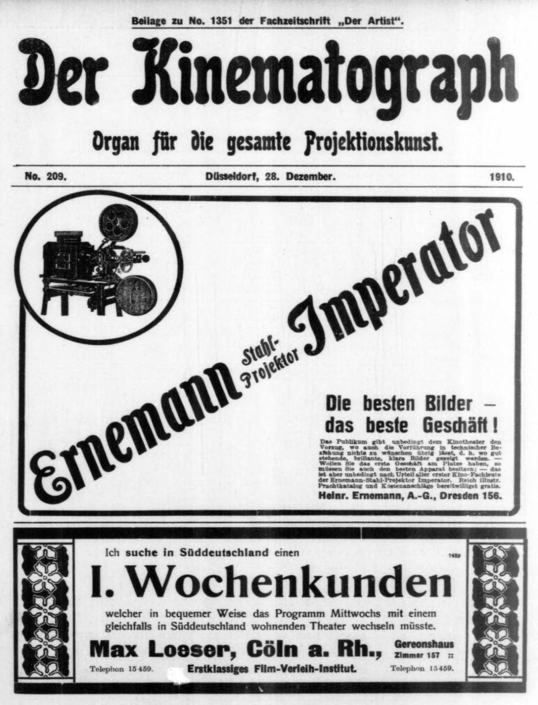 KINEMATOGRAPH | DER magazine side cover Issue 209 28 December 1910