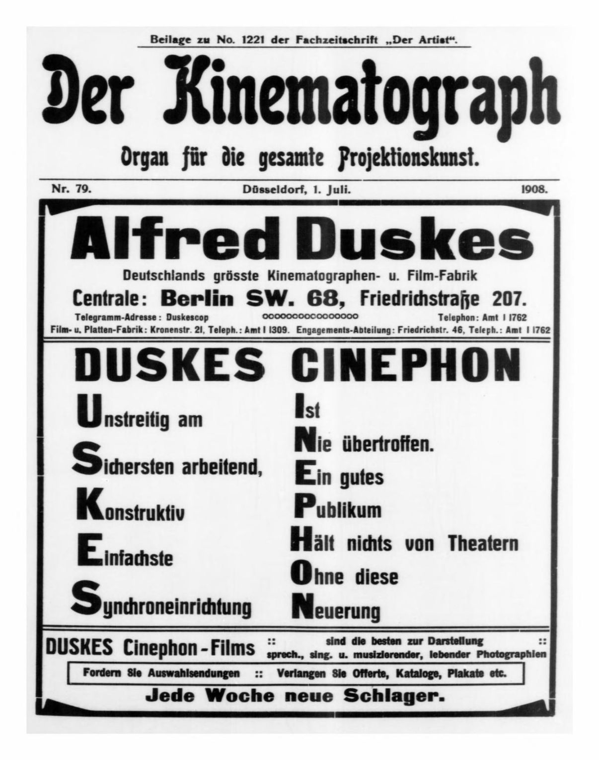 KINEMATOGRAPH | DER magazine side cover Issue 79 1 July 1908