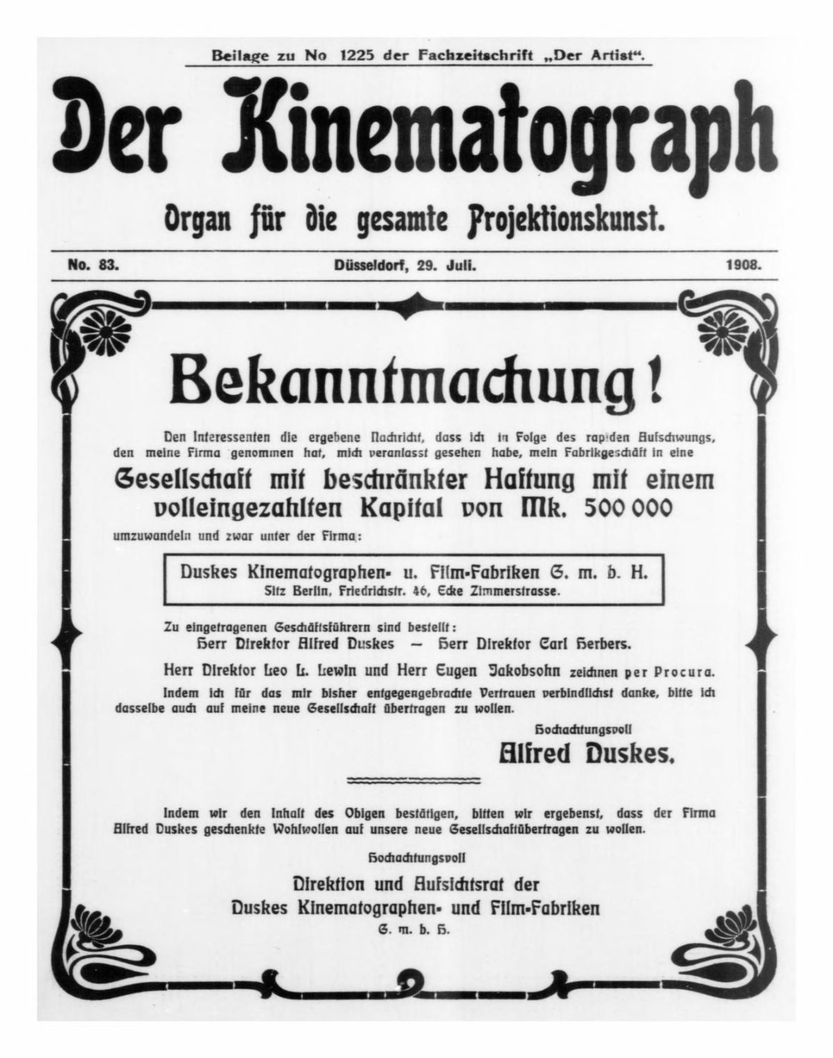 KINEMATOGRAPH | DER magazine side cover Issue 83 29 July 1908