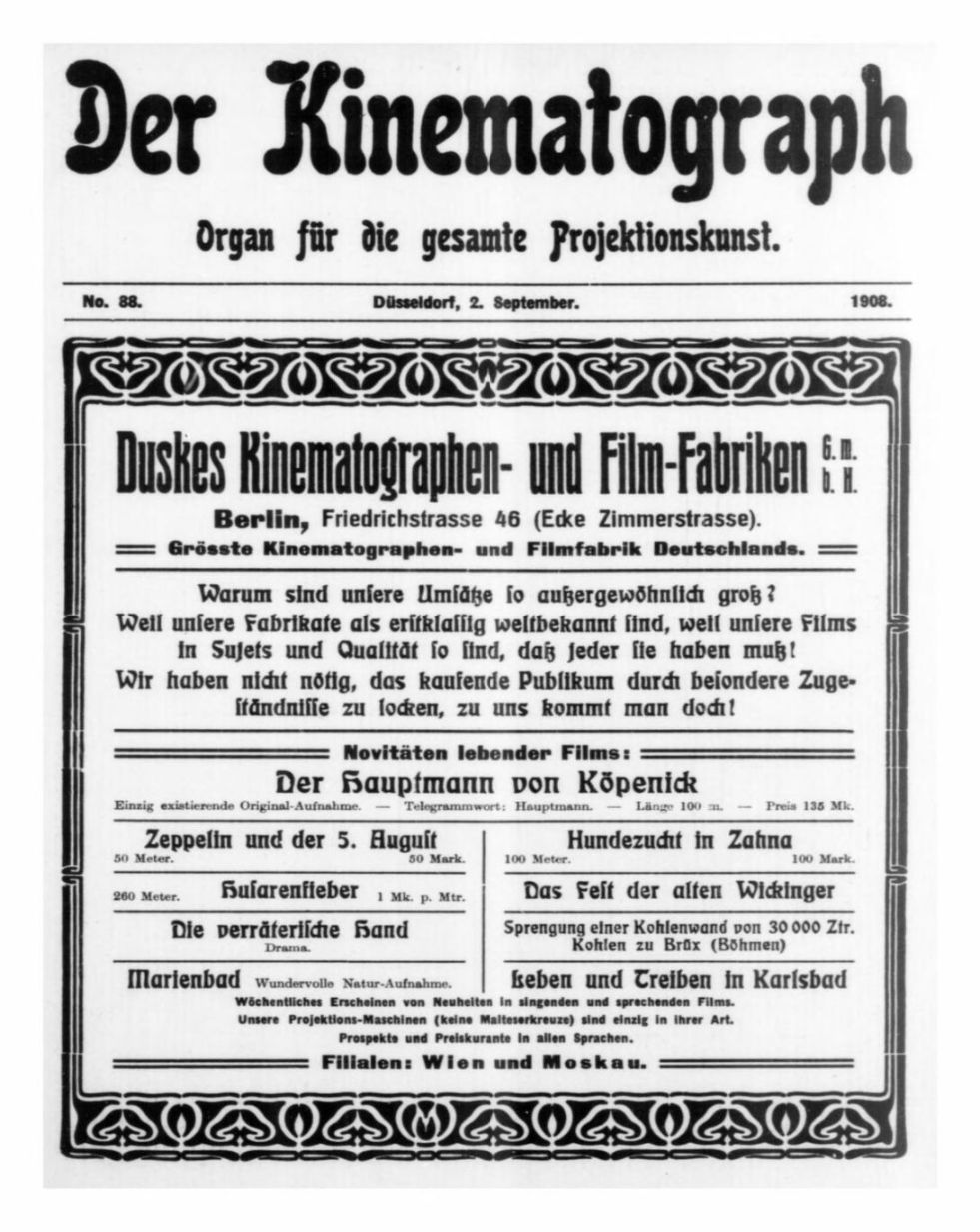 KINEMATOGRAPH | DER magazine side cover Issue 88 2 September 1908