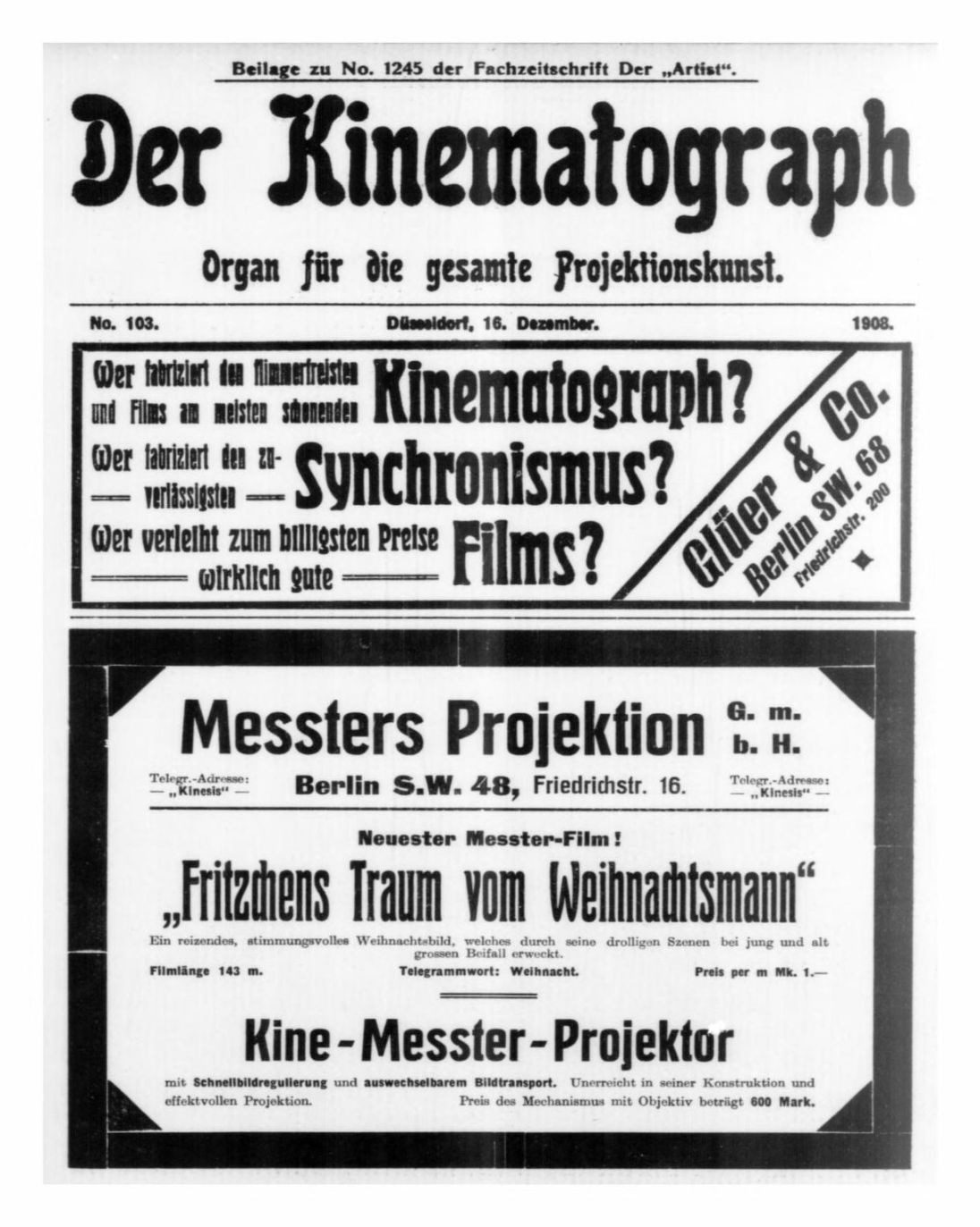 KINEMATOGRAPH | DER magazine side cover Issue 103 16 December 1908