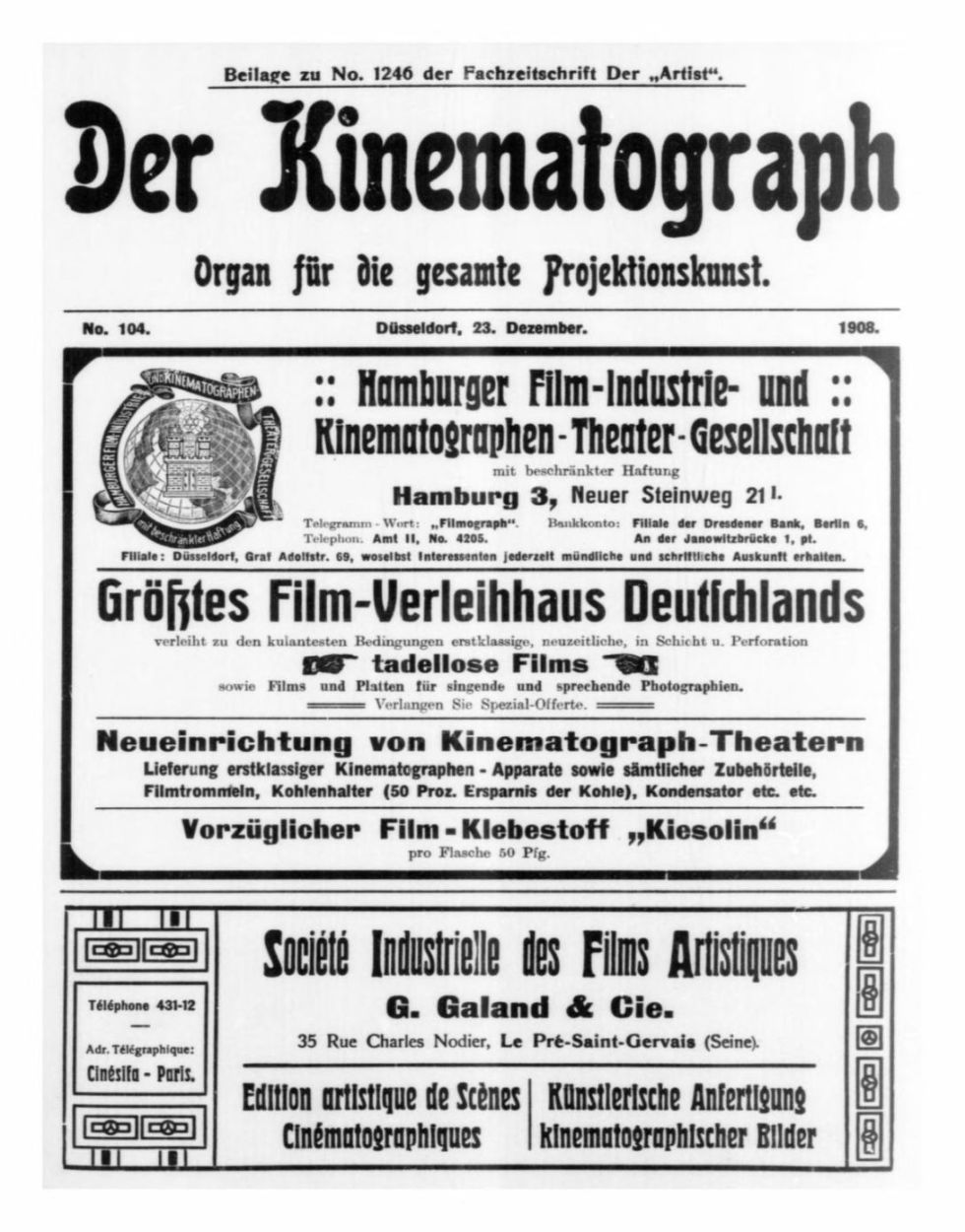 KINEMATOGRAPH | DER magazine side cover Issue 104 23 December 1908