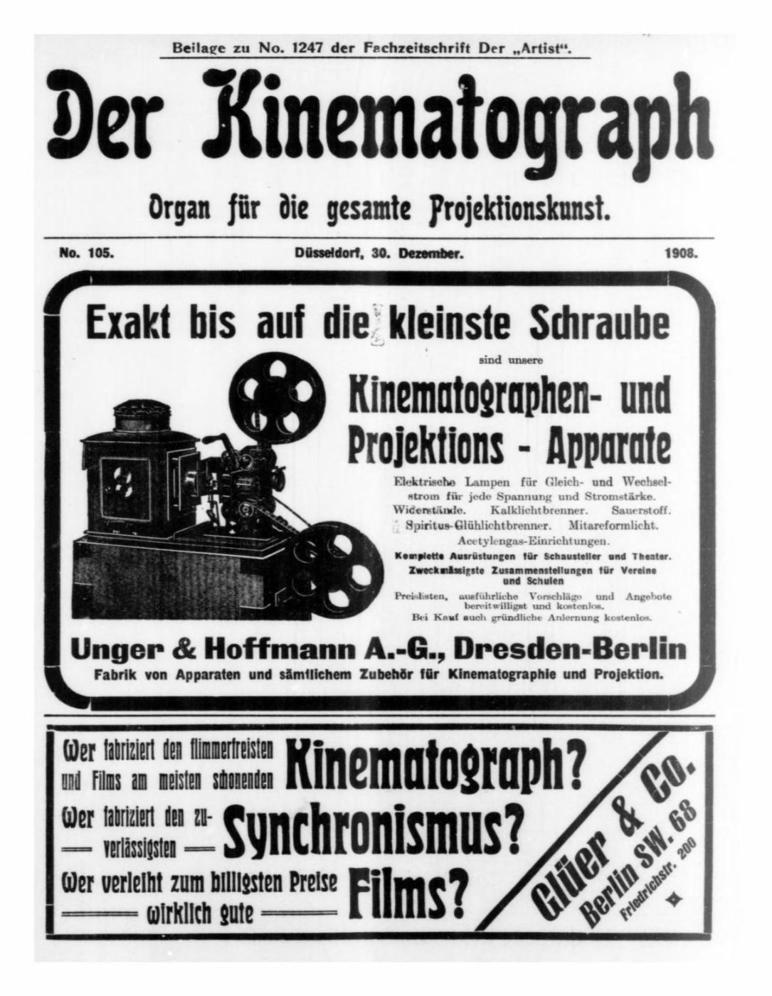 KINEMATOGRAPH | DER magazine side cover Issue 105 30 December 1908