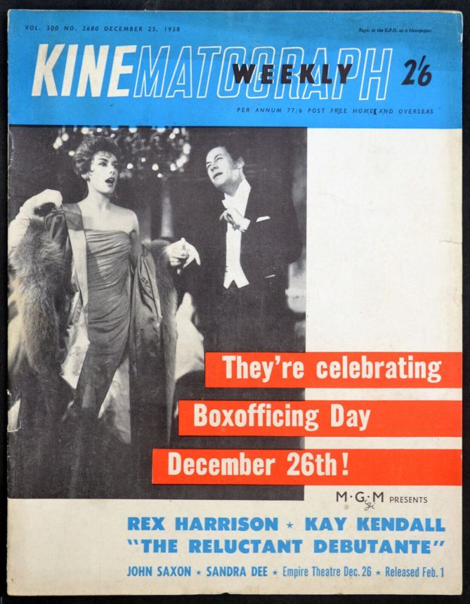 KINE WEEKLY magazine side cover 25 December 1958