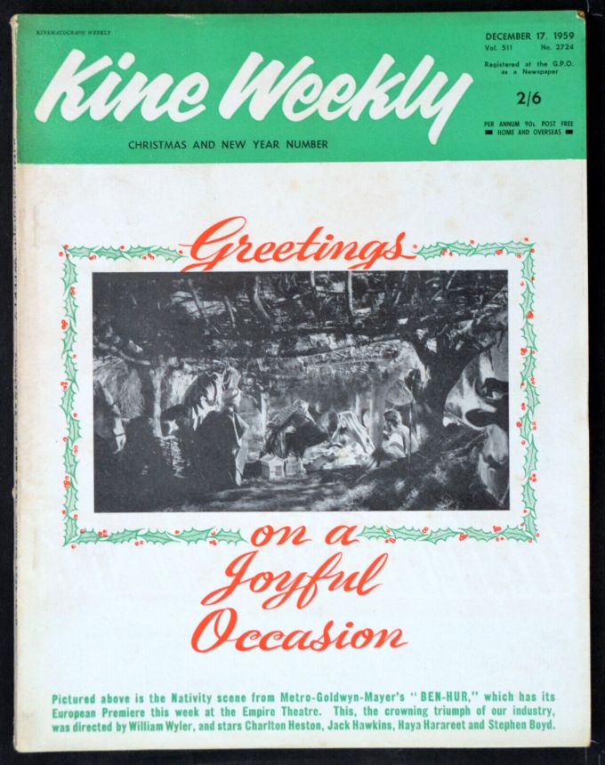 KINE WEEKLY magazine side cover 17 December 1959