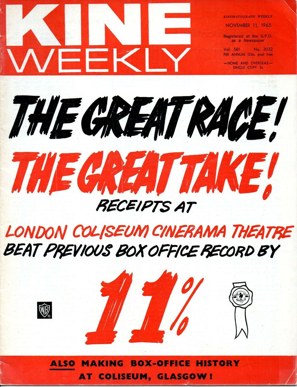 KINE WEEKLY magazine side cover 11 November 1965