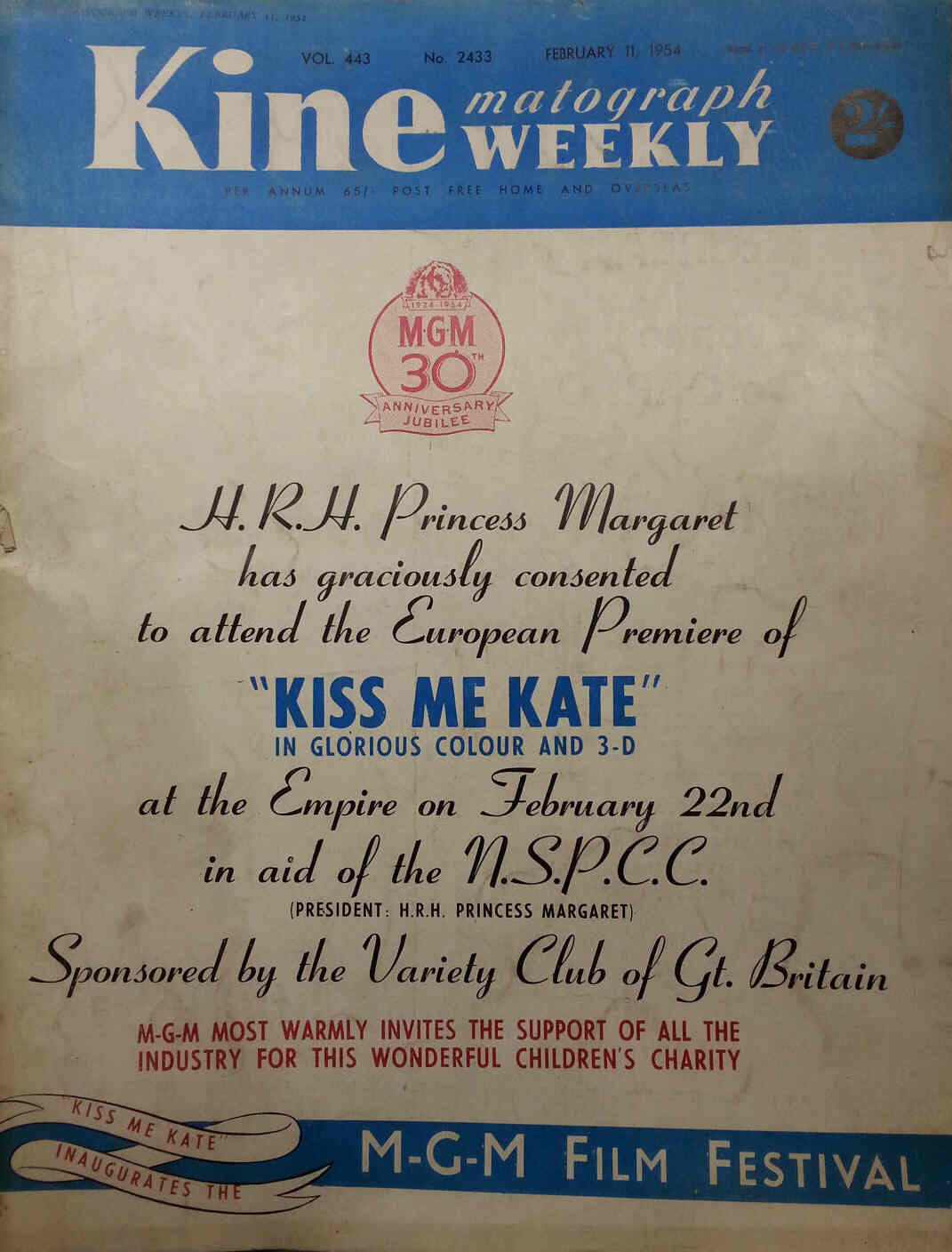 KINE WEEKLY magazine side cover Issue 2433 11 February 1954