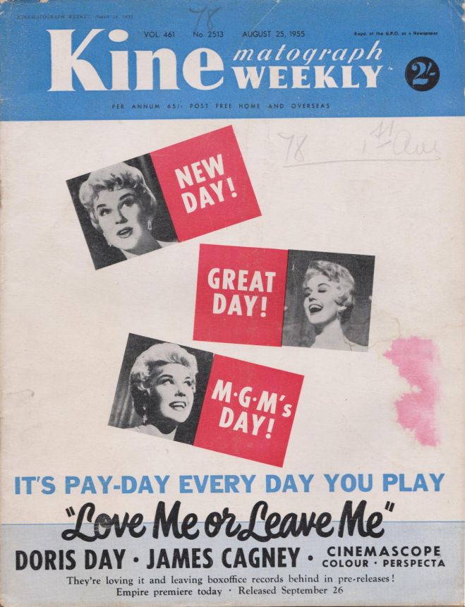 KINE WEEKLY magazine side cover 25 August 1955