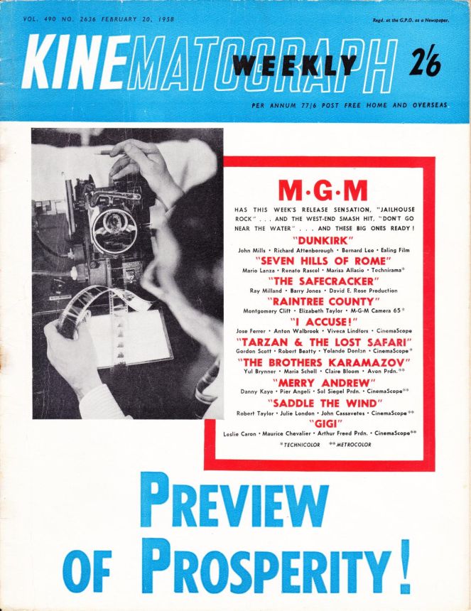 KINE WEEKLY magazine side cover 20 February 1958