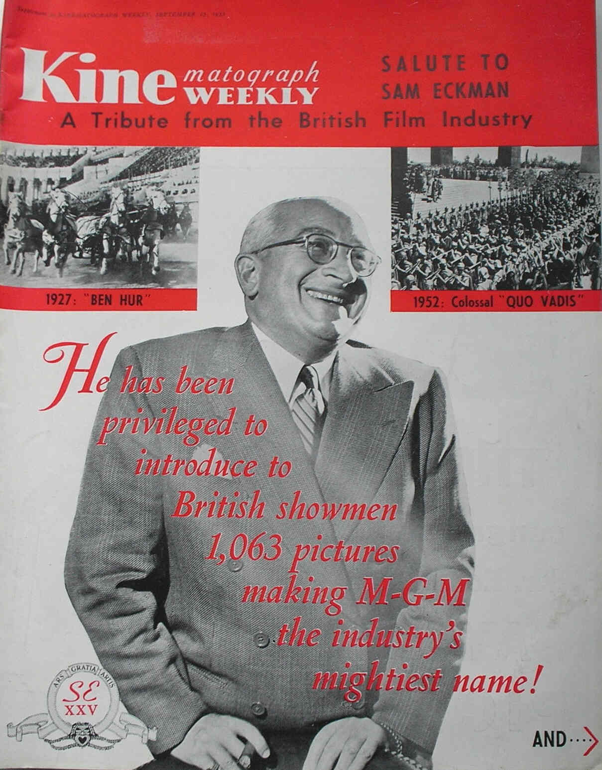 KINE WEEKLY magazine side cover 25 September 1952