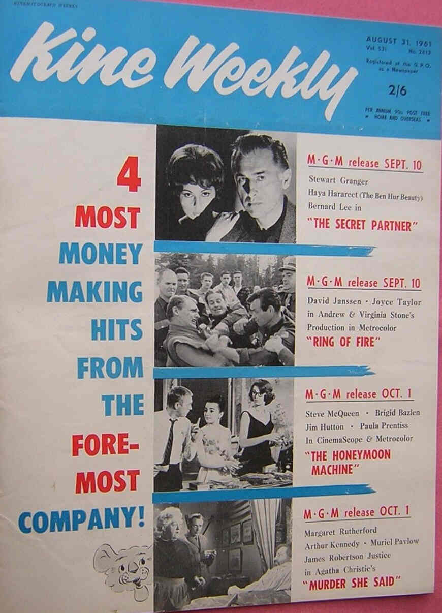 KINE WEEKLY magazine side cover 31 August 1961