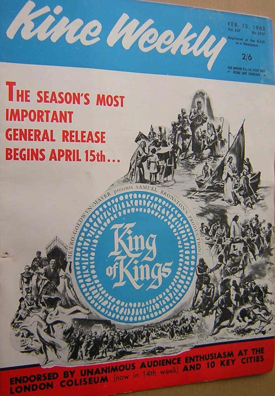 KINE WEEKLY magazine side cover 15 February 1962