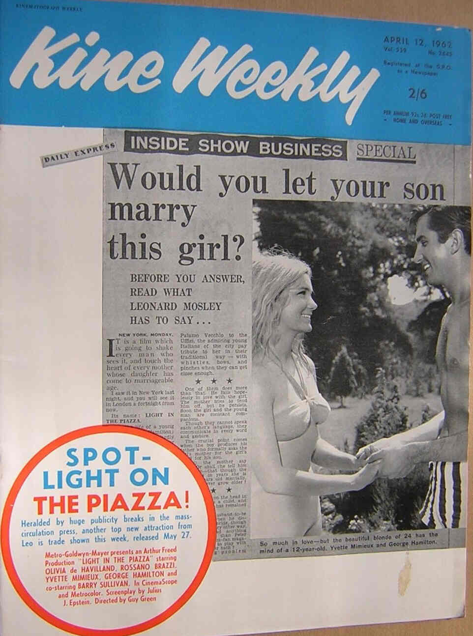 KINE WEEKLY magazine side cover 12 April 1962