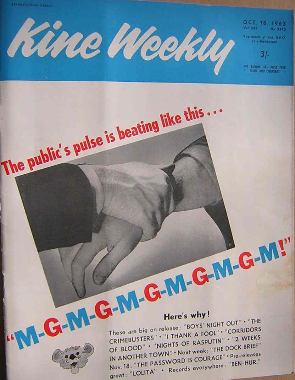 KINE WEEKLY magazine side cover 18 October 1962