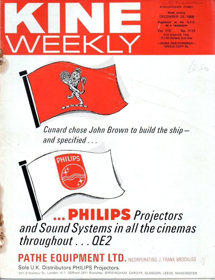 KINE WEEKLY magazine side cover Issue 3194 28 December 1968