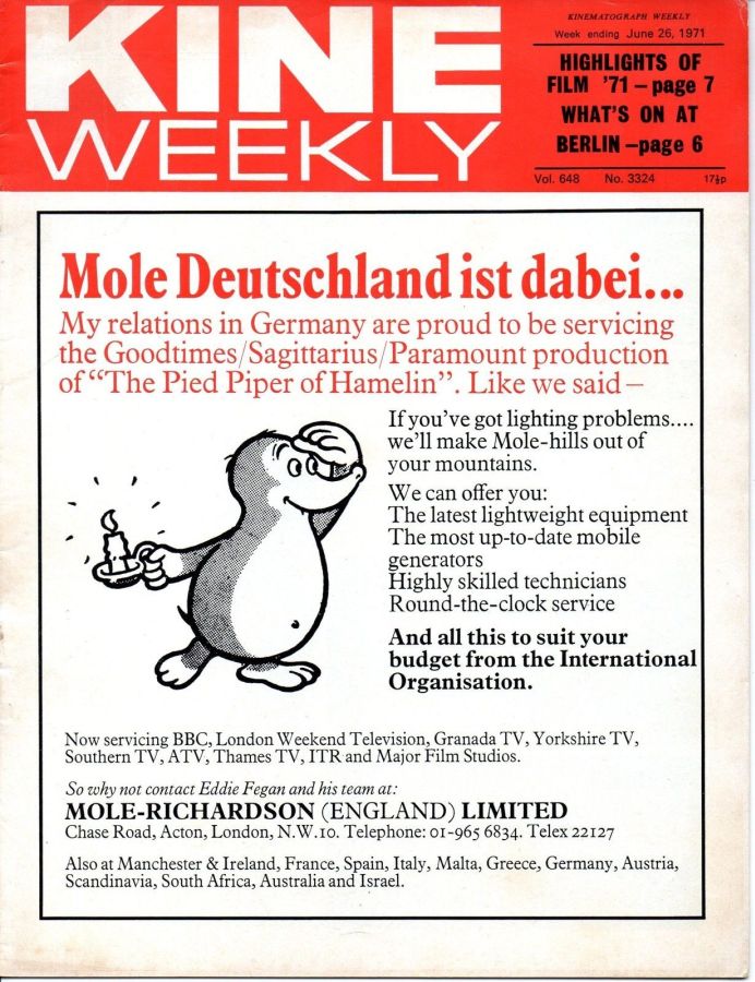 KINE WEEKLY magazine side cover Issue 3324 26 June 1971