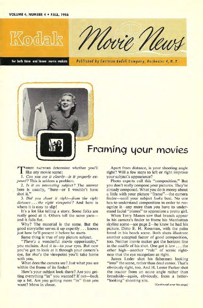 KODAK MOVIE NEWS magazine side cover  Vol 4 No  4 Fall 1956