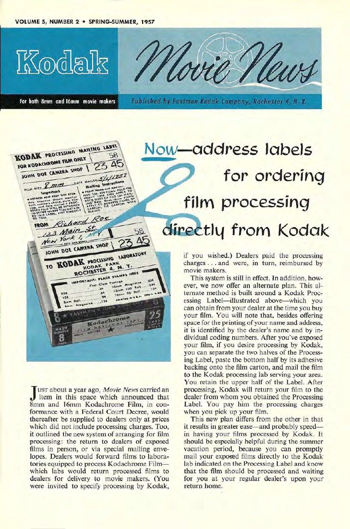 KODAK MOVIE NEWS magazine side cover  Vol 5 No  2 Spring 1957