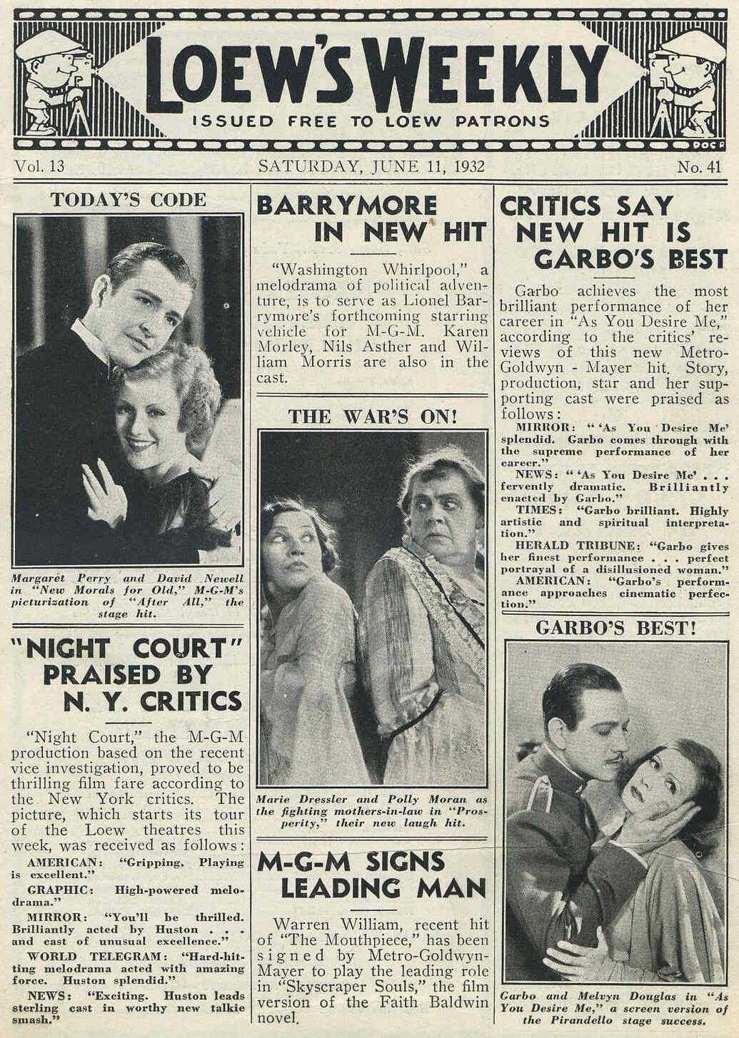 LOEWS WEEKLY magazine side cover 11 June 1932