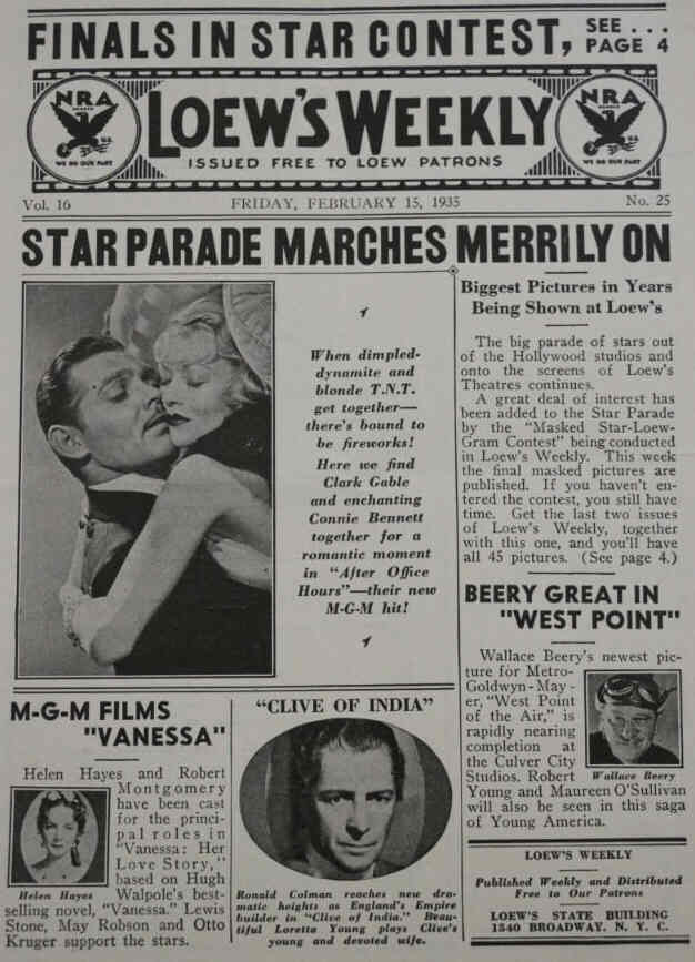 LOEWS WEEKLY magazine side cover 15 February 1935