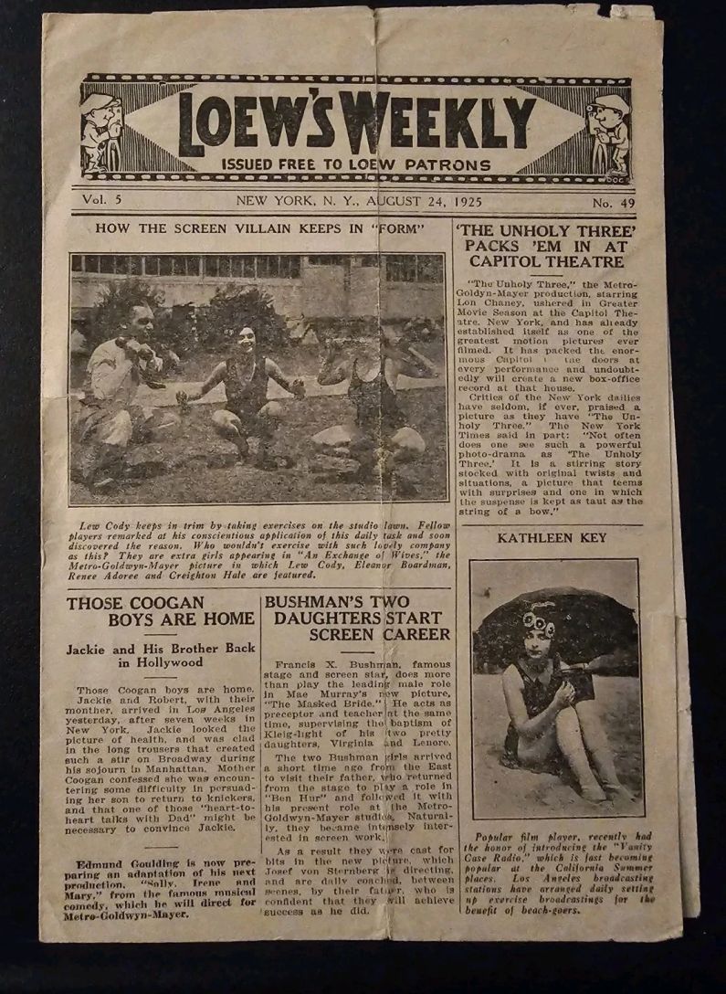 LOEWS WEEKLY magazine side cover Issue 49 24 August 1925