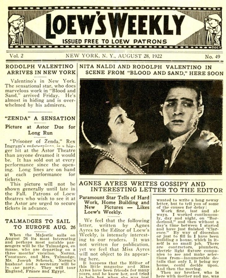 LOEWS WEEKLY magazine side cover 28 August 1922