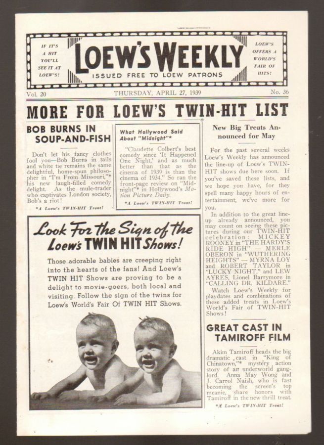 LOEWS WEEKLY magazine side cover 27 April 1939